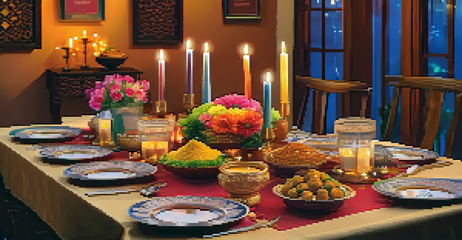 A beautifully arranged Indian dining table with festive dishes like biryani and gulab jamun, set in a warm, candlelit ambiance.