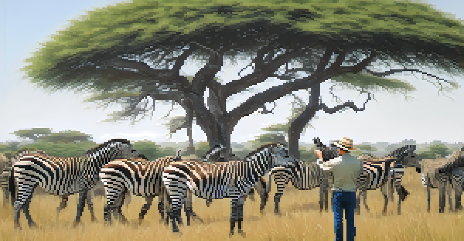 A local guide engaging with tourists about wildlife conservation in a green safari reserve.
