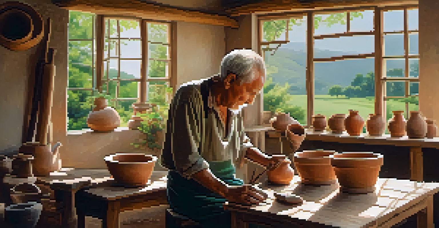 An elderly artisan sculpting clay pots in a rural workshop, surrounded by tools and nature.