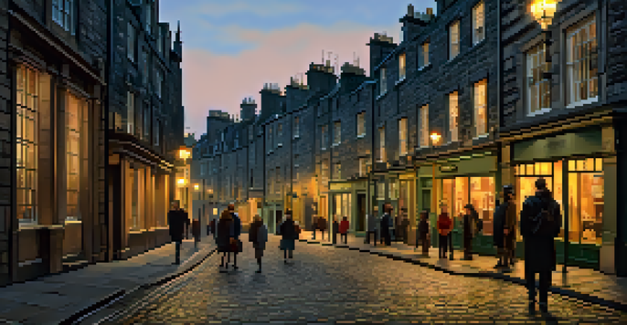 A storyteller engaging a group of tourists on a cobbled street in Edinburgh with historical buildings and warm street lamp light.