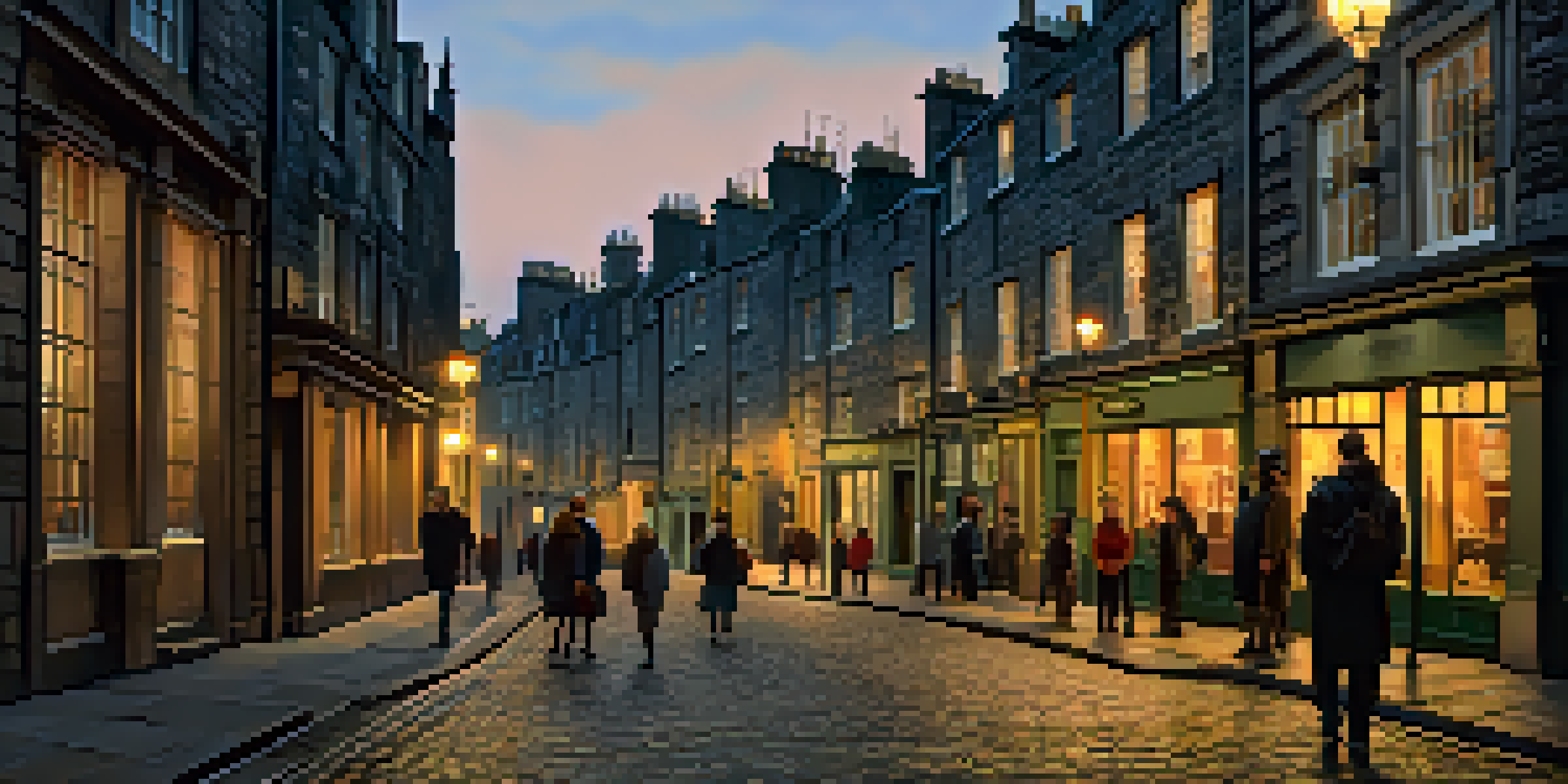 A storyteller engaging a group of tourists on a cobbled street in Edinburgh with historical buildings and warm street lamp light.