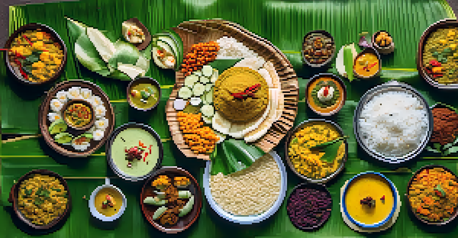 A traditional Onam Sadhya meal displayed on a banana leaf, featuring various colorful vegetarian dishes arranged artfully.