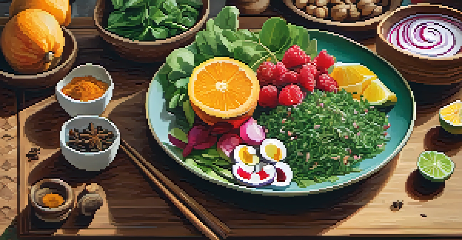 A colorful plate of Ayurvedic food with fruits, greens, and spices, set in a cozy kitchen.