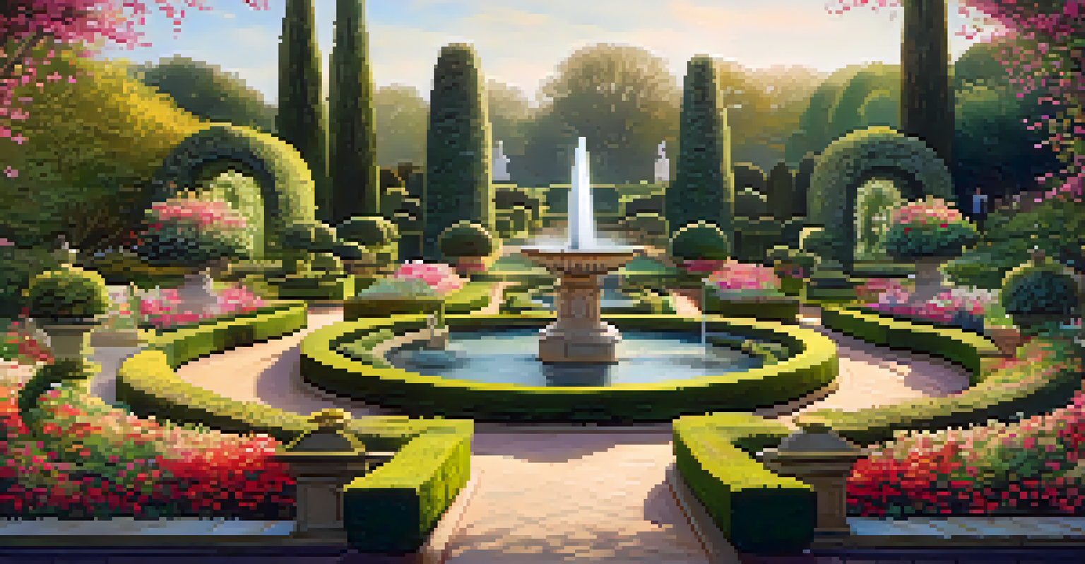A beautifully landscaped garden at a royal heritage property, filled with colorful flowers and sculptures.