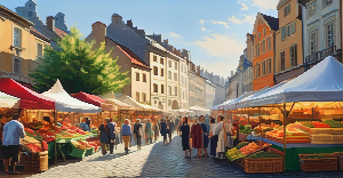A busy outdoor market in a historical European city with colorful stalls and diverse people interacting.
