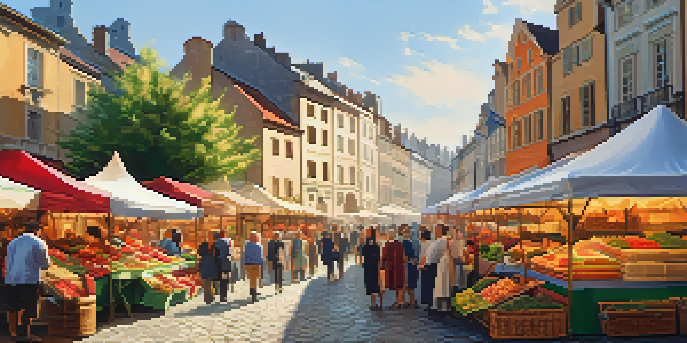 A busy outdoor market in a historical European city with colorful stalls and diverse people interacting.