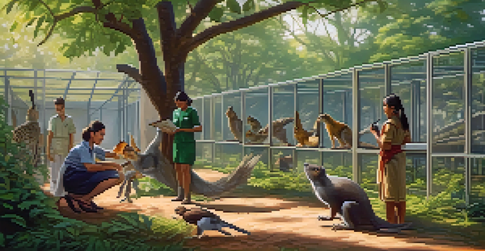 A wildlife rehabilitation center with caregivers caring for animals in natural enclosures, surrounded by greenery and sunlight.