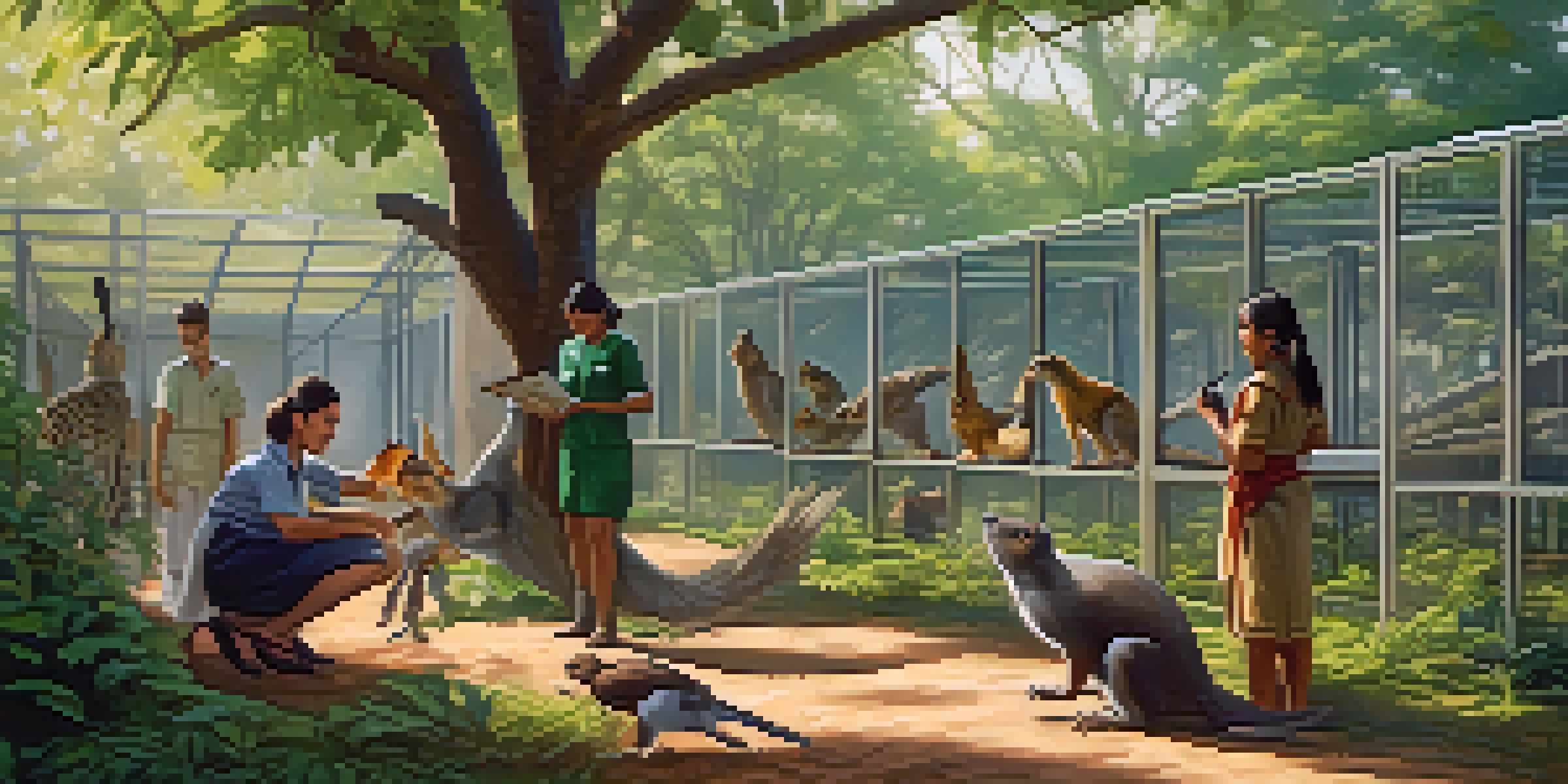 A wildlife rehabilitation center with caregivers caring for animals in natural enclosures, surrounded by greenery and sunlight.