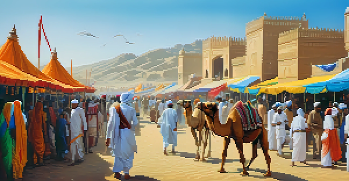 A busy marketplace at the Pushkar Camel Fair with camels, traders, and colorful handicrafts, set against sand dunes and a blue sky.