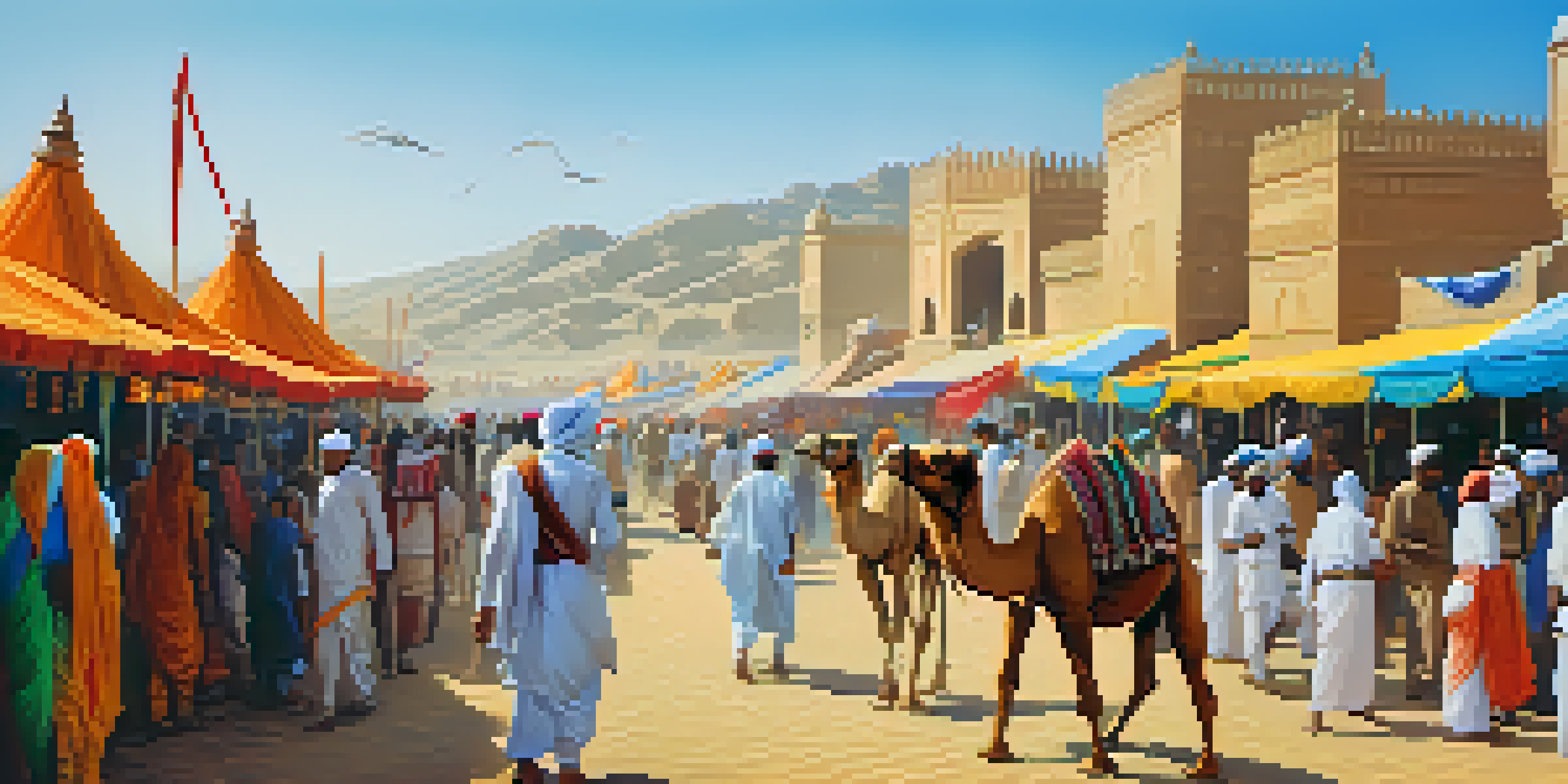 A busy marketplace at the Pushkar Camel Fair with camels, traders, and colorful handicrafts, set against sand dunes and a blue sky.