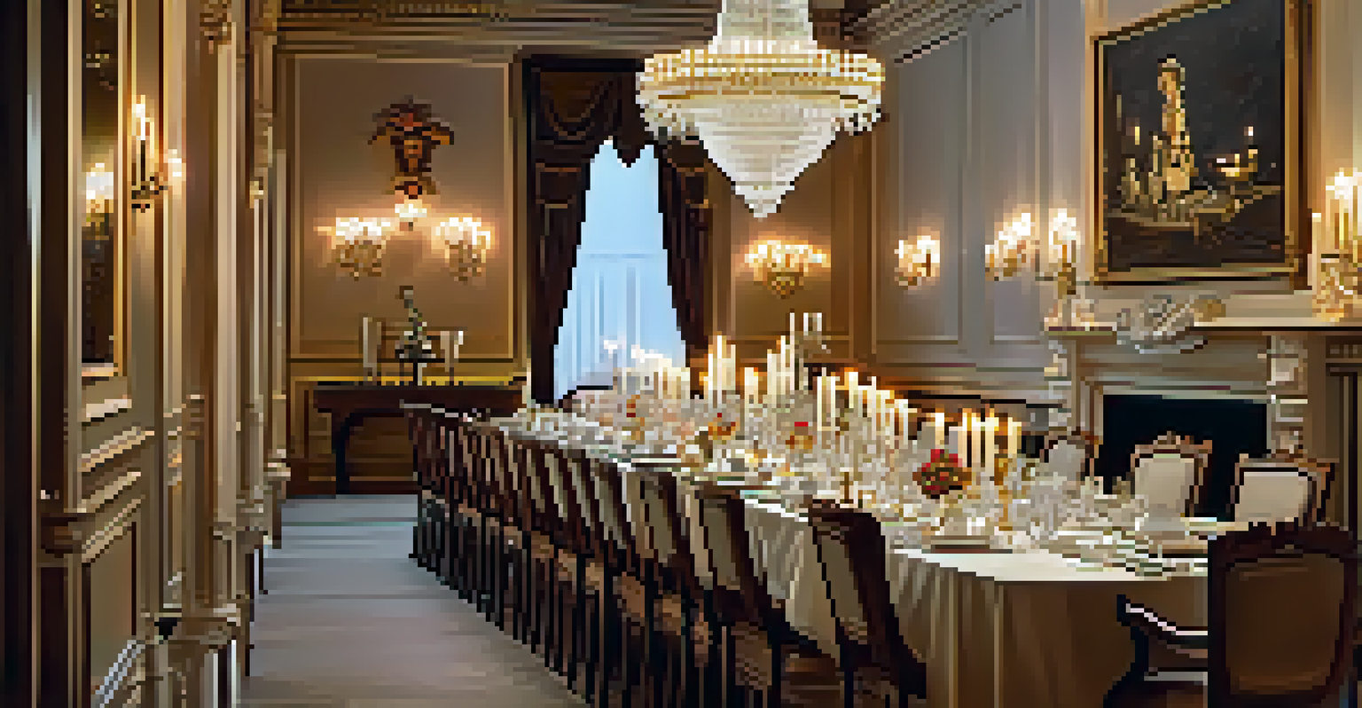 A luxurious dining room set for a royal feast with fine china and candles.