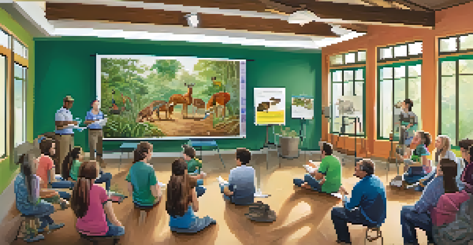 A workshop at a wildlife rehabilitation center with an expert presenting to volunteers and community members about animal care.