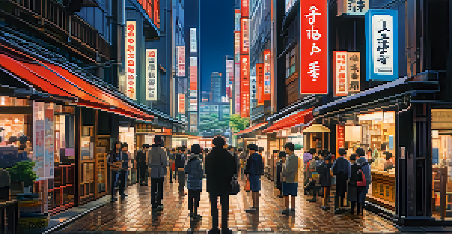 A tour guide sharing stories in a street of Tokyo, showcasing the blend of traditional and modern architecture with vibrant neon lights.