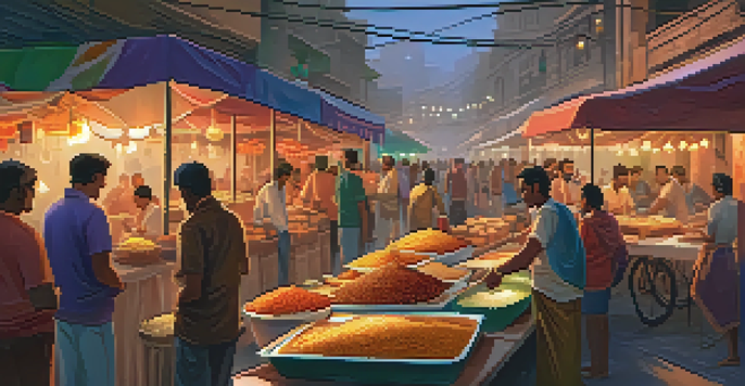 A lively Indian street food market at sunset, with colorful food stalls and diverse people enjoying various dishes.