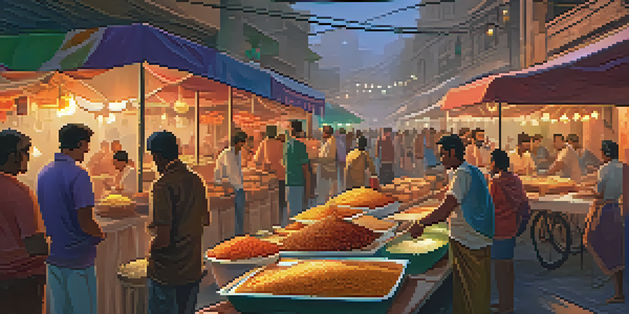 A lively Indian street food market at sunset, with colorful food stalls and diverse people enjoying various dishes.
