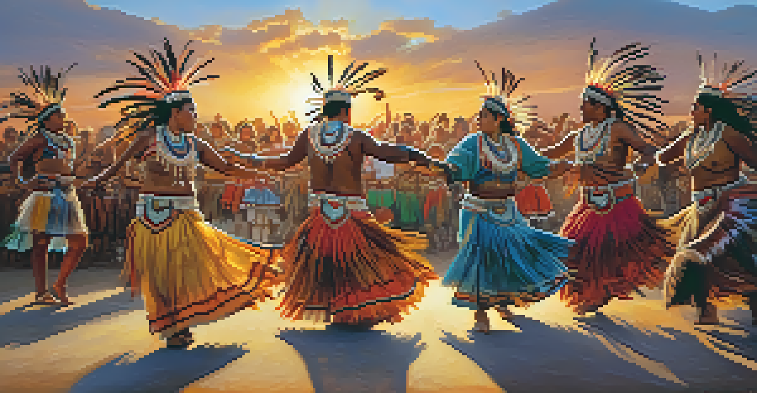 Indigenous dancers performing a traditional dance at sunset, showcasing colorful regalia and lively movement.