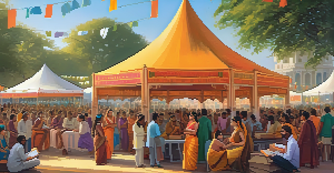 A lively scene from an Indian literature festival featuring diverse authors discussing under colorful tents, surrounded by books and decorations, illuminated by warm sunlight.