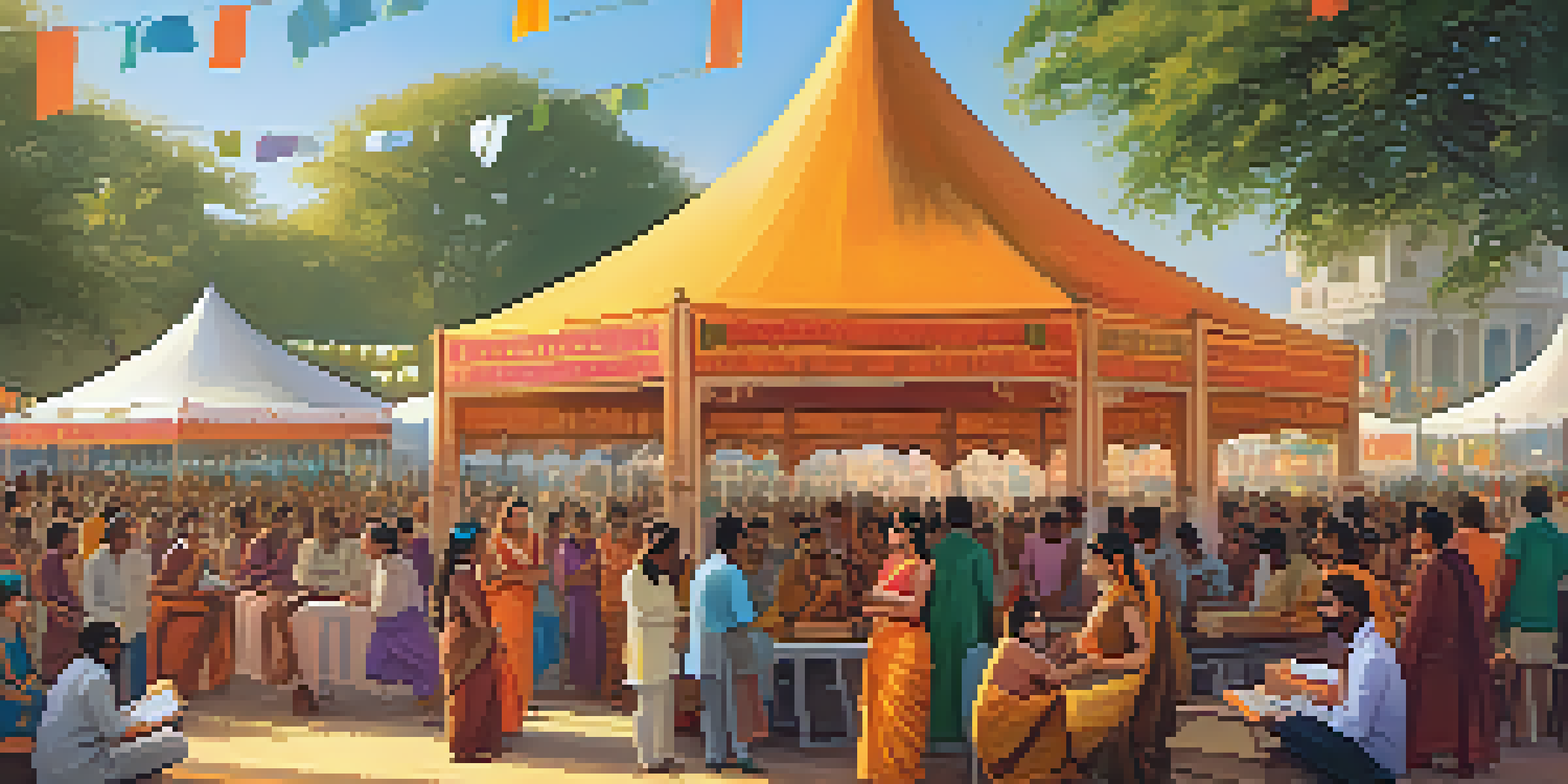 A lively scene from an Indian literature festival featuring diverse authors discussing under colorful tents, surrounded by books and decorations, illuminated by warm sunlight.