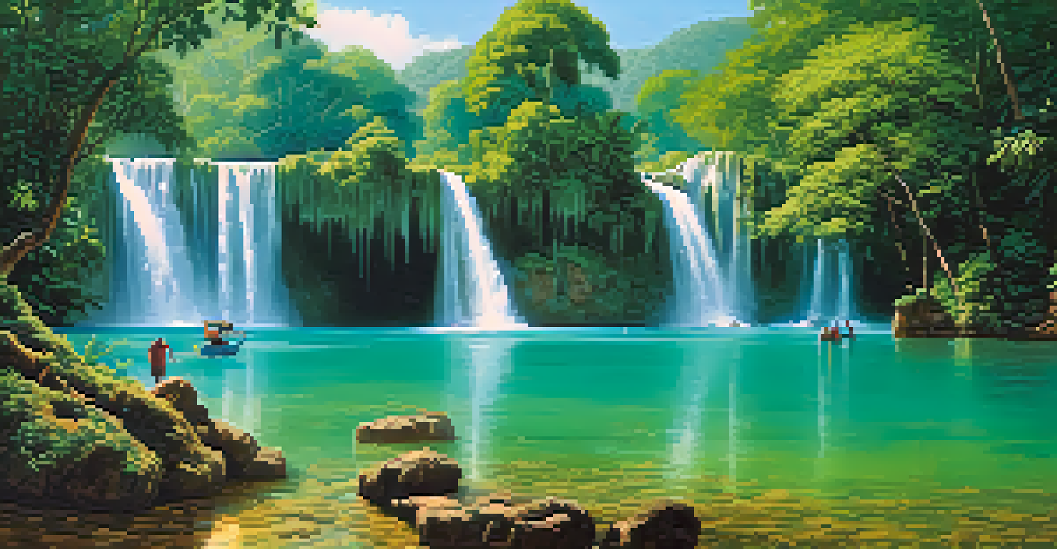Turquoise pools cascading down limestone formations at Kuang Si Falls, with people swimming and lush vegetation surrounding the area.