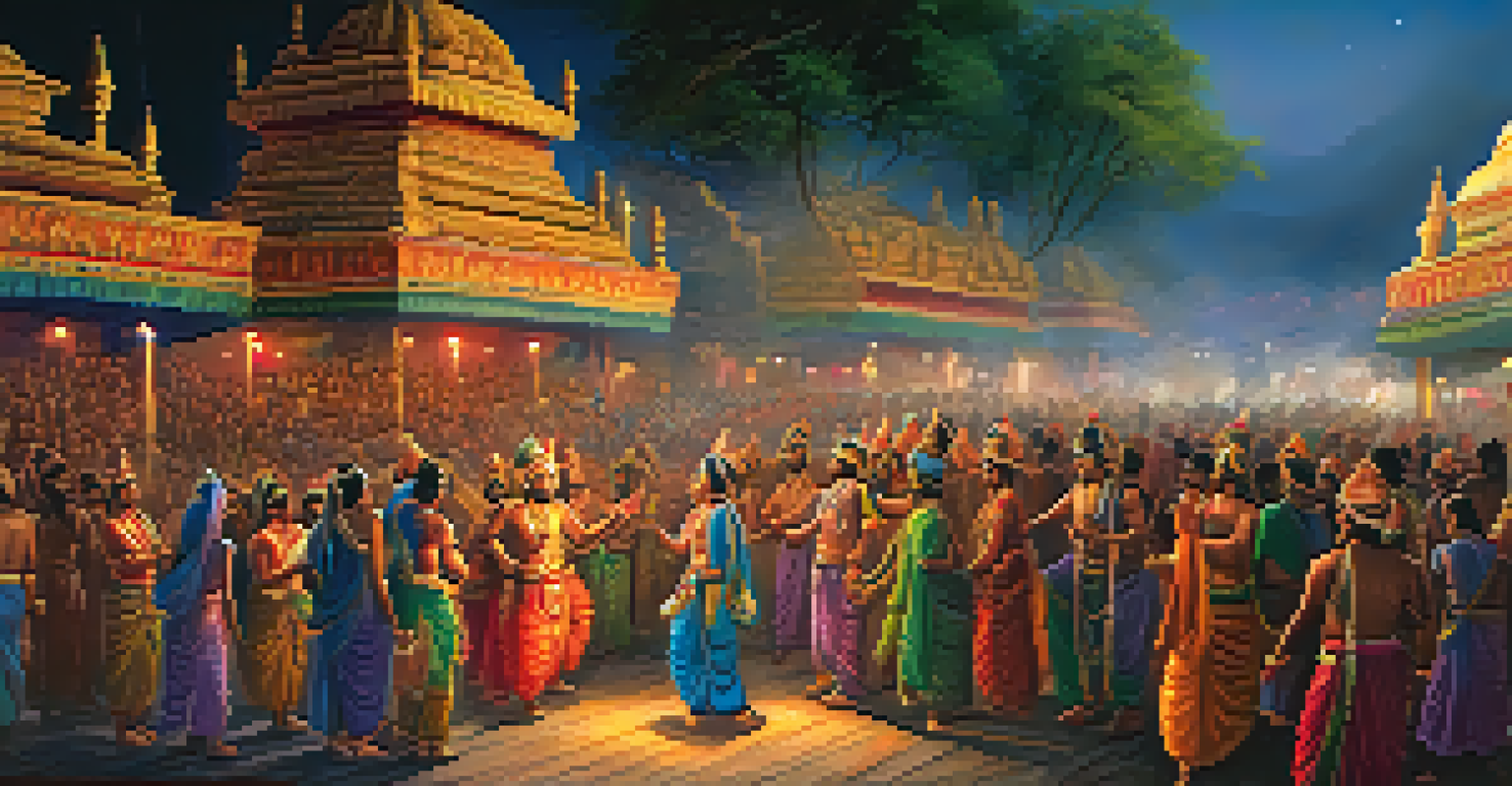 A vibrant Dussehra festival scene with performers in elaborate costumes depicting characters from the Ramayana, surrounded by an engaged audience.