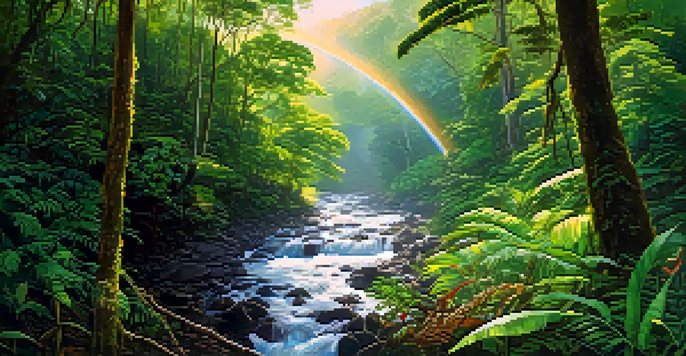 A lush rainforest scene in Costa Rica with vibrant green trees, a clear stream, and a rainbow in a blue sky, illuminated by soft sunlight.