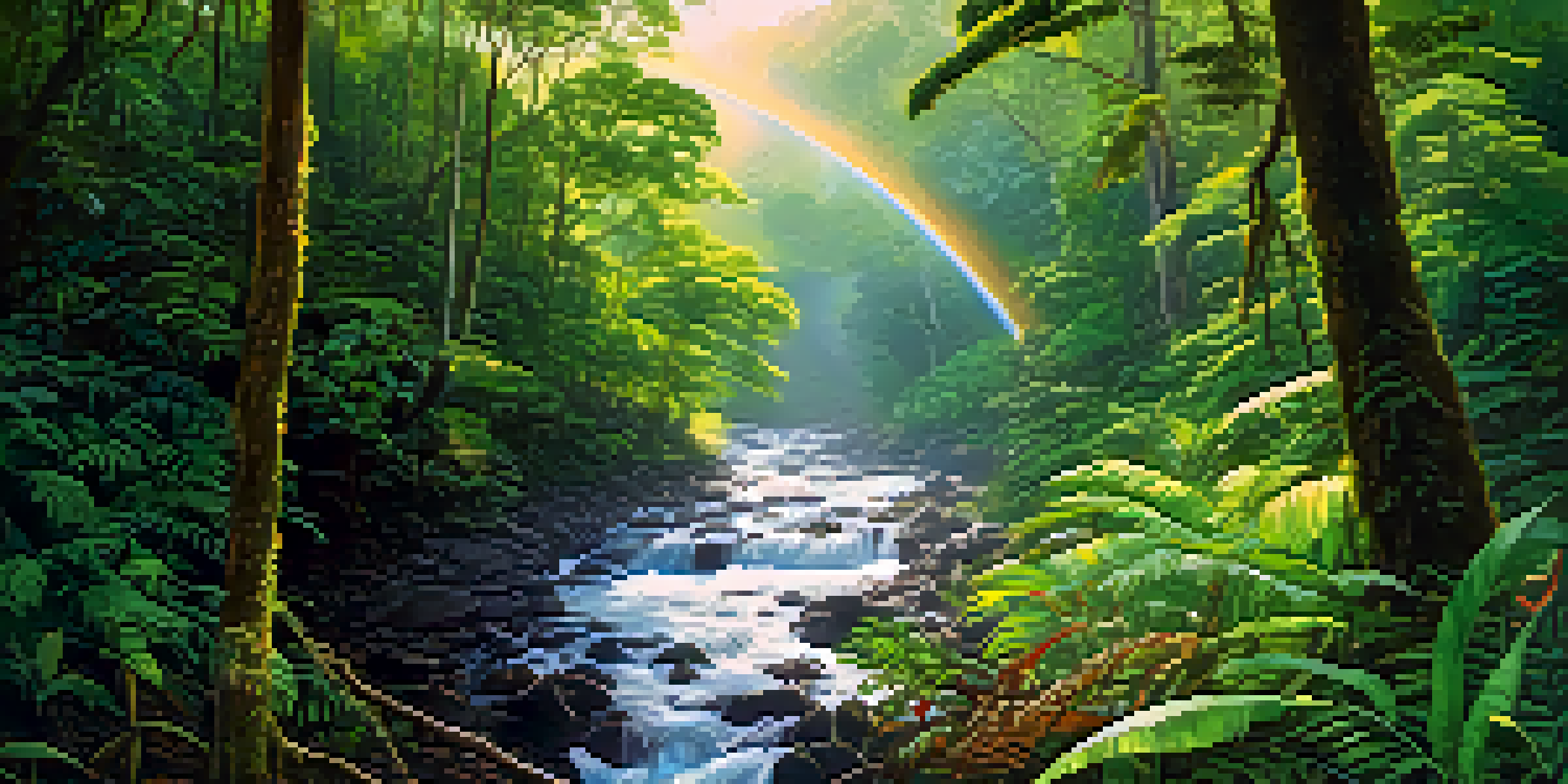 A lush rainforest scene in Costa Rica with vibrant green trees, a clear stream, and a rainbow in a blue sky, illuminated by soft sunlight.