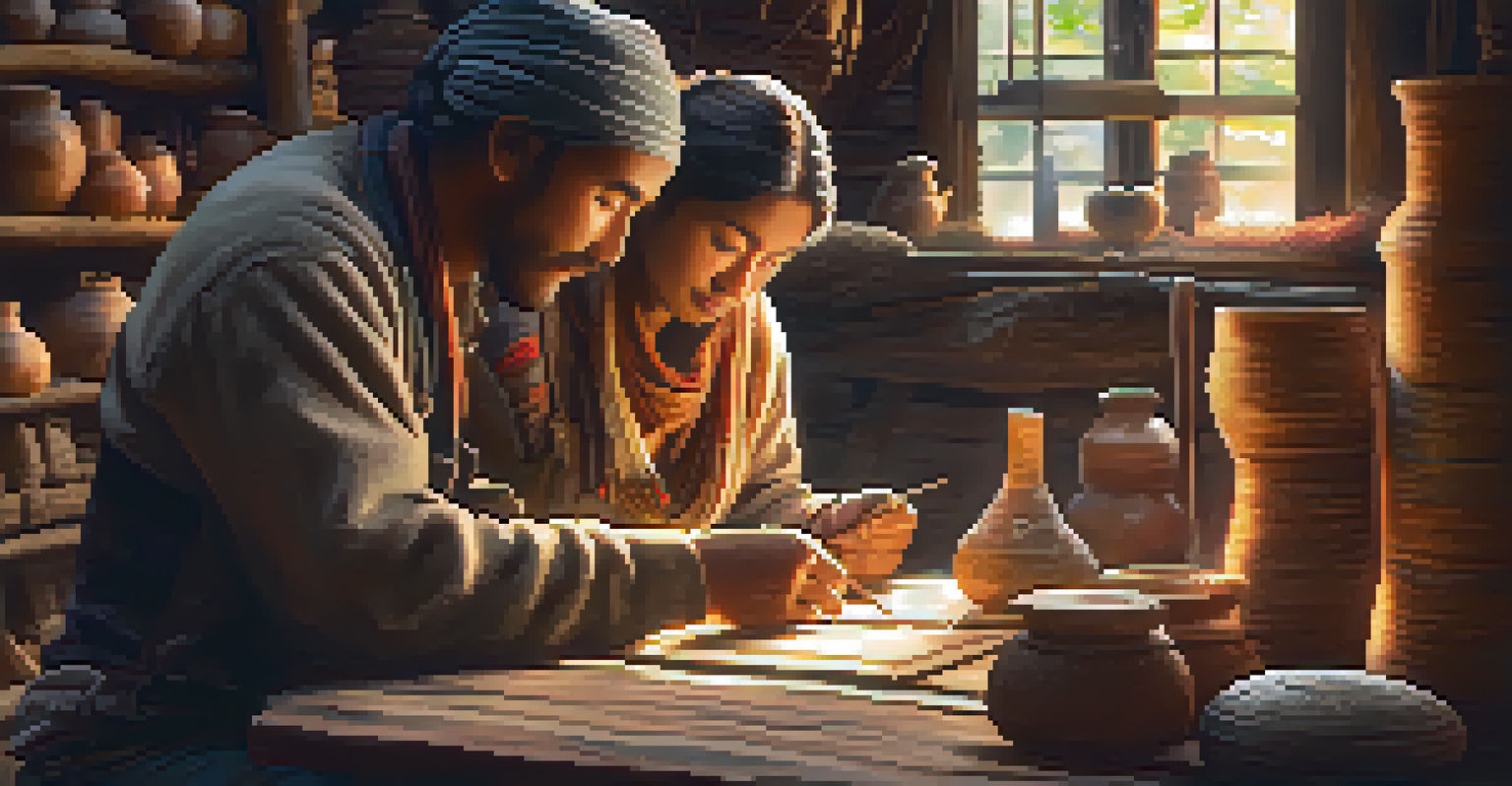 A traveler learning local craft techniques from a skilled artisan in a warm and inviting workshop.