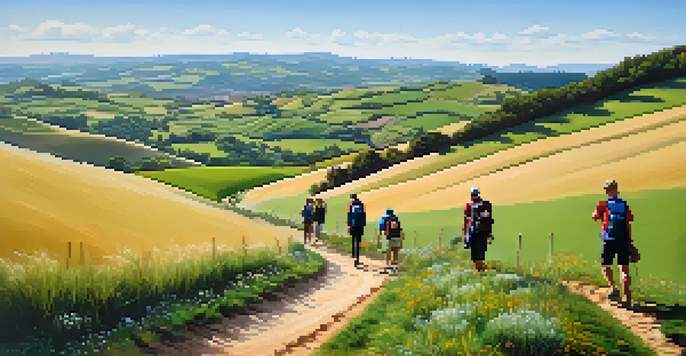 A peaceful view of the Camino de Santiago with pilgrims walking along a winding path in a lush green landscape under a sunny sky.