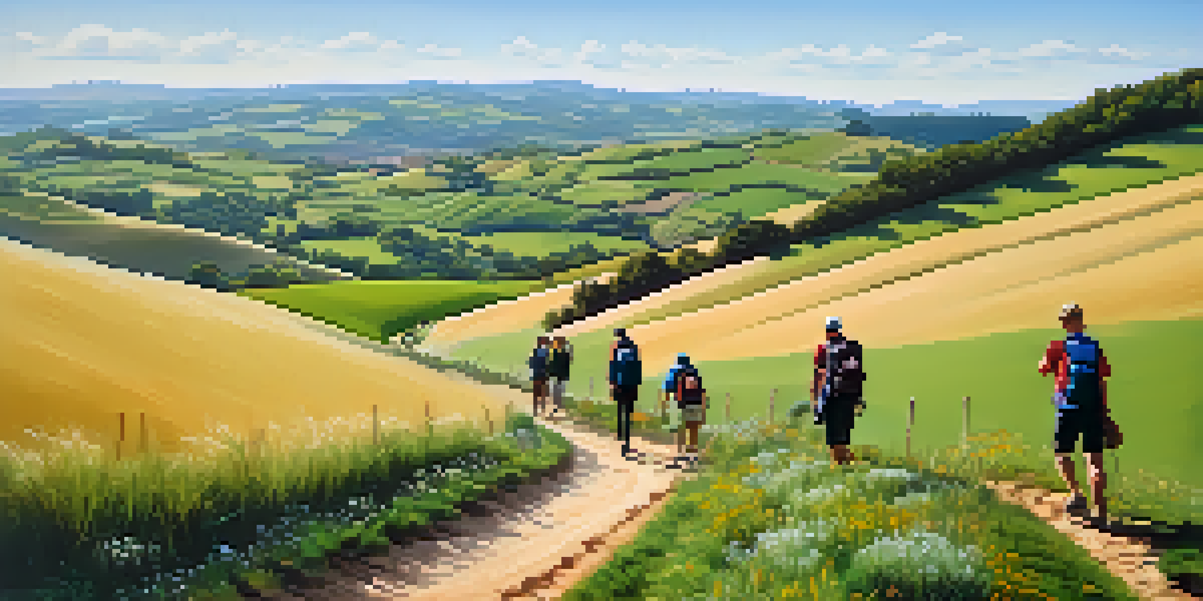 A peaceful view of the Camino de Santiago with pilgrims walking along a winding path in a lush green landscape under a sunny sky.