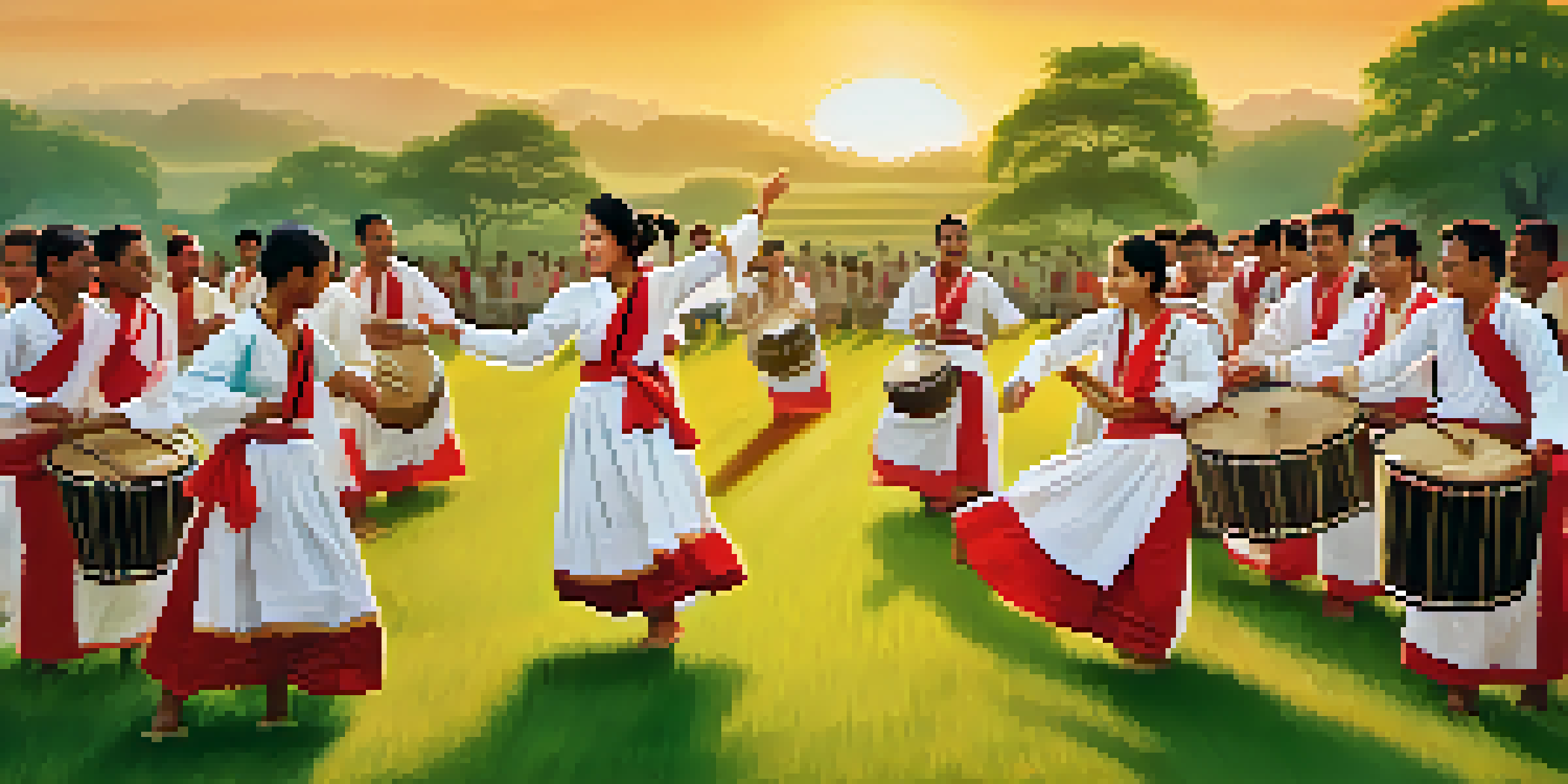 People in traditional Assamese clothing dancing during the Bihu festival, surrounded by green fields and colorful decorations under a golden sunset.