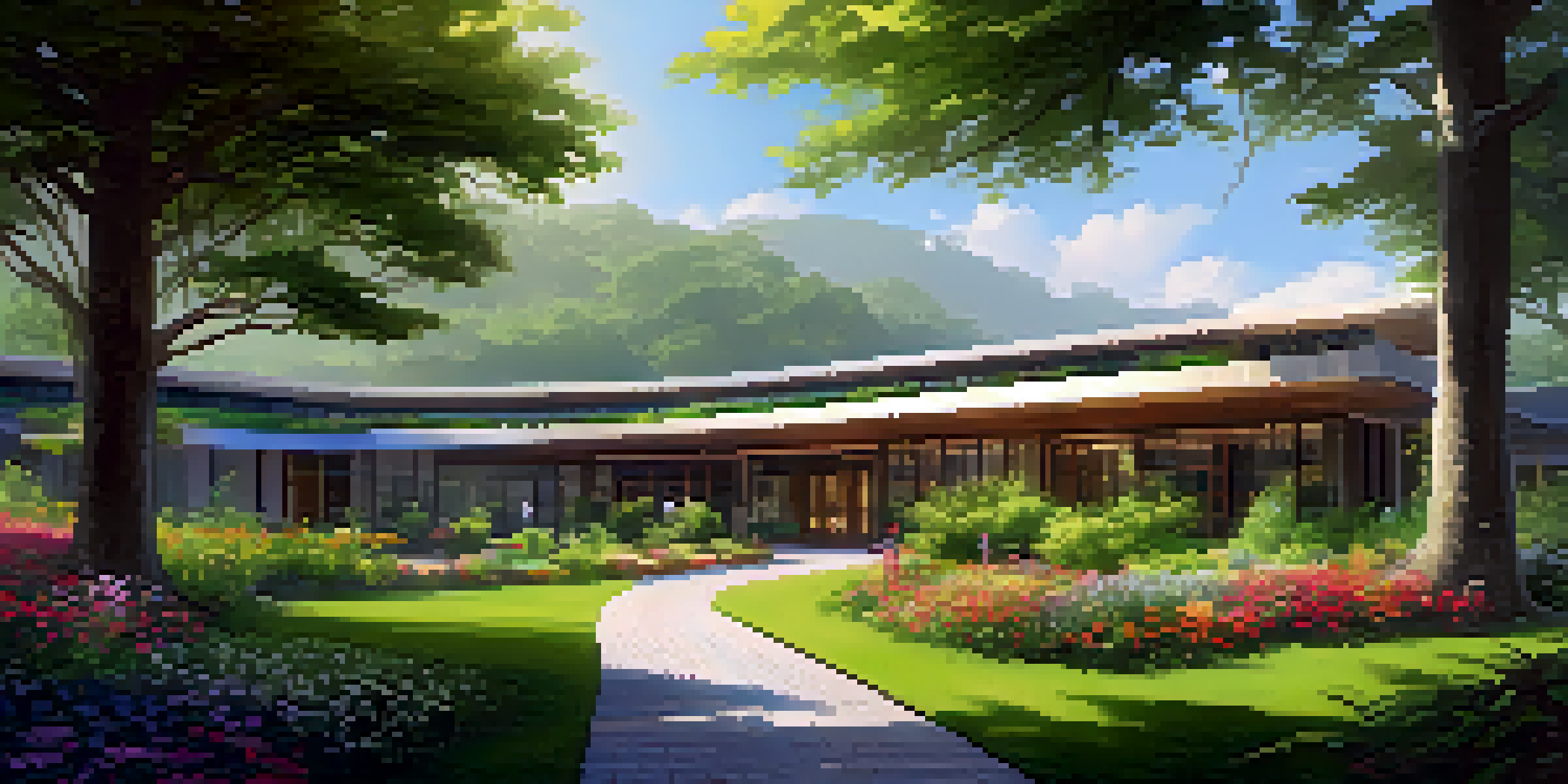A green hotel surrounded by trees and flowers, featuring solar panels on the roof, illuminated by soft sunlight.