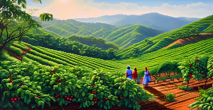 A coffee plantation in India with farmers picking ripe red cherries from green coffee plants under a blue sky.