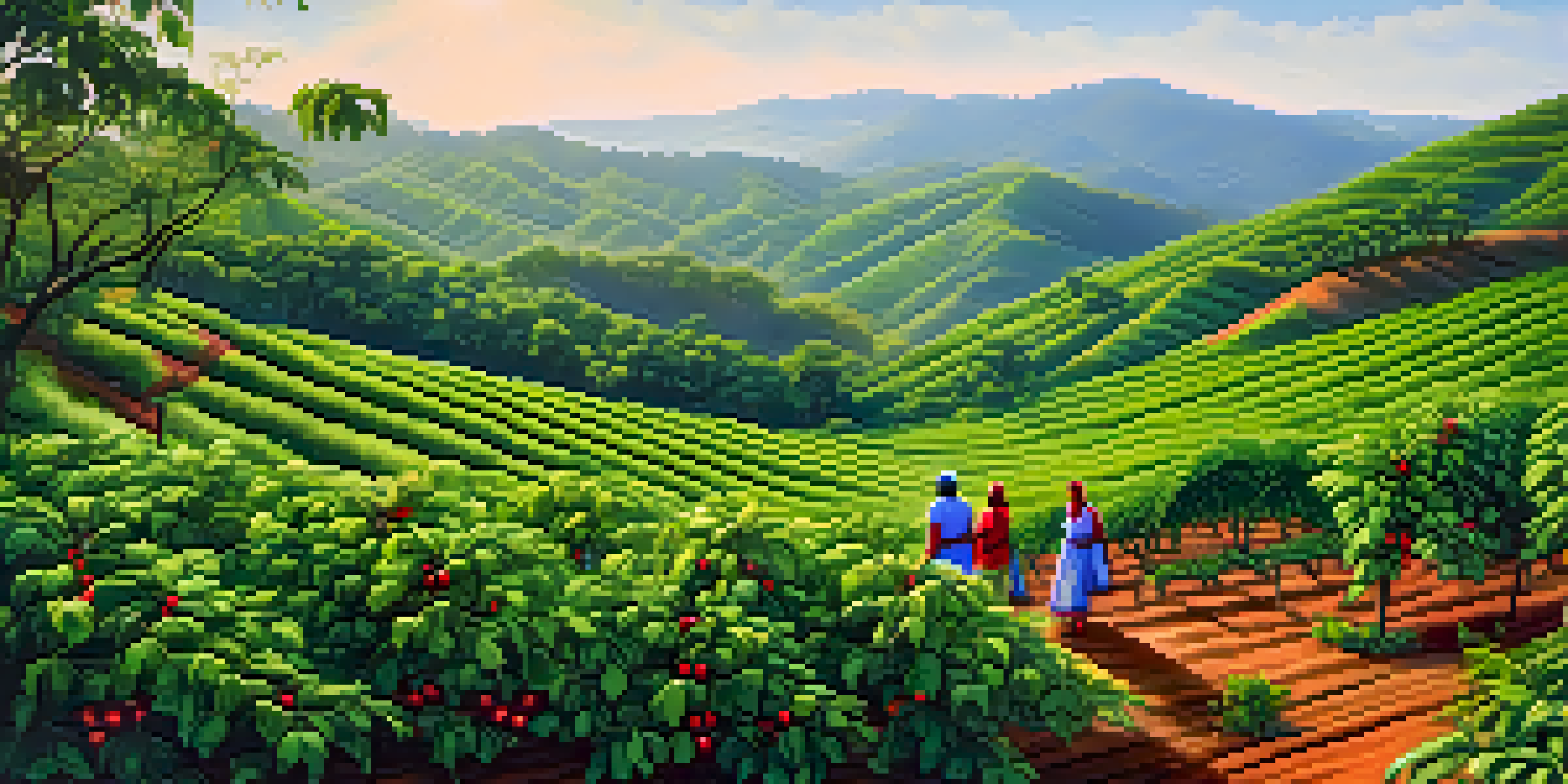 A coffee plantation in India with farmers picking ripe red cherries from green coffee plants under a blue sky.