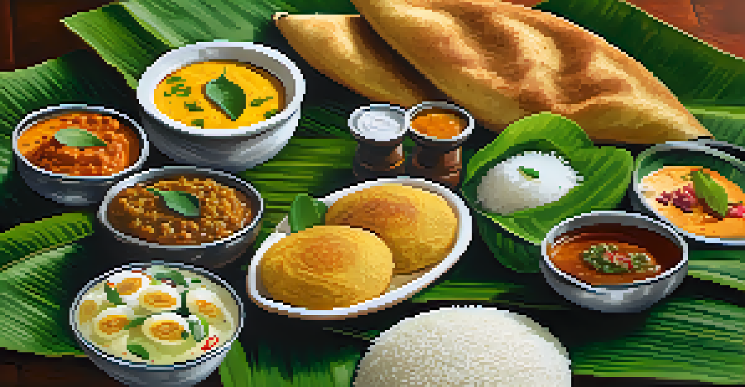 A traditional South Indian meal on a banana leaf, displaying various dishes like dosa and sambar.