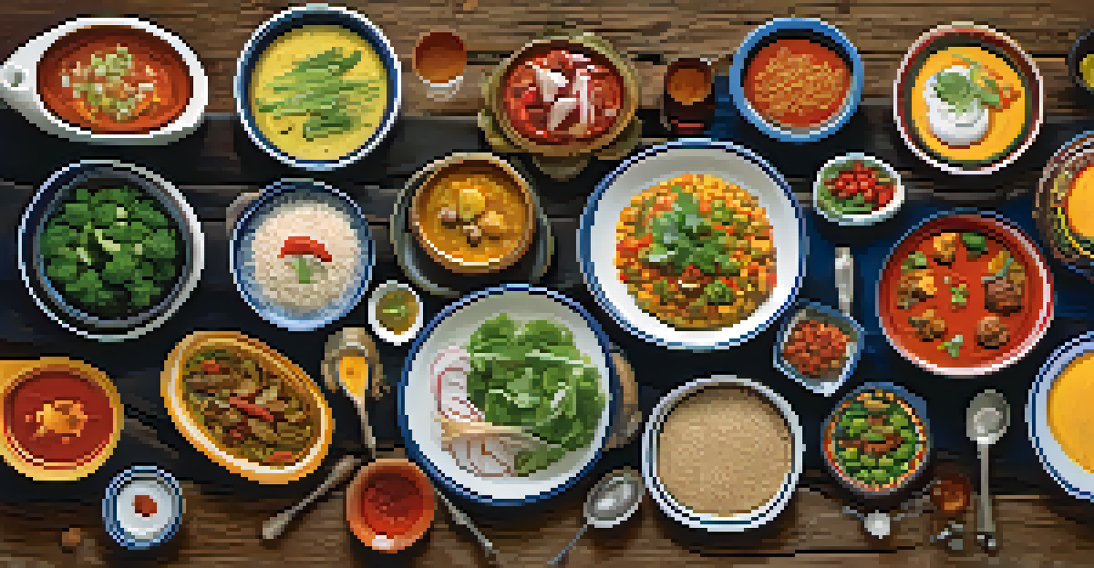 A rustic wooden table filled with a variety of colorful local dishes representing different cultures.