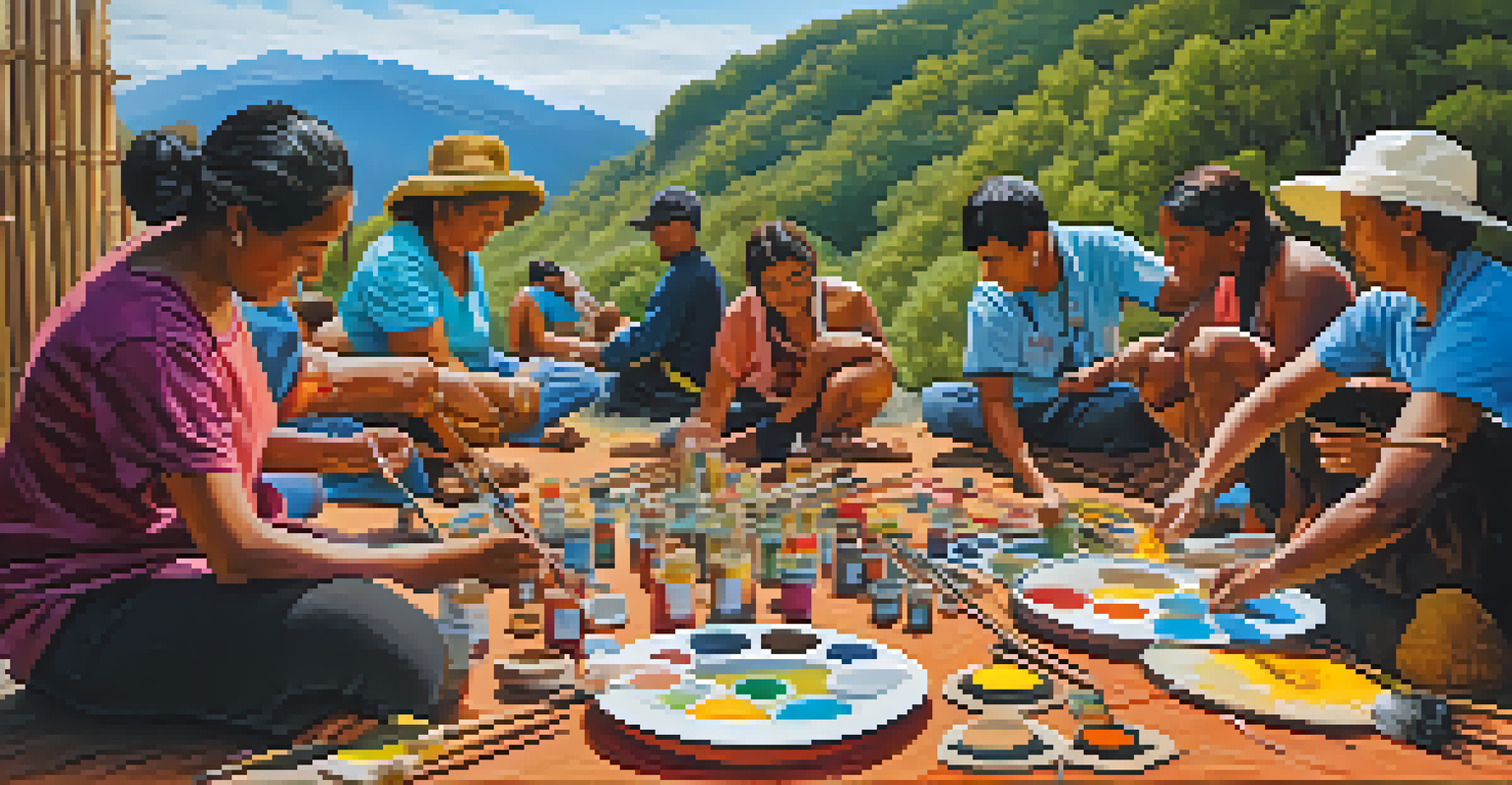 A group of participants painting traditional Indigenous designs on canvas at an outdoor workshop, surrounded by beautiful landscapes.