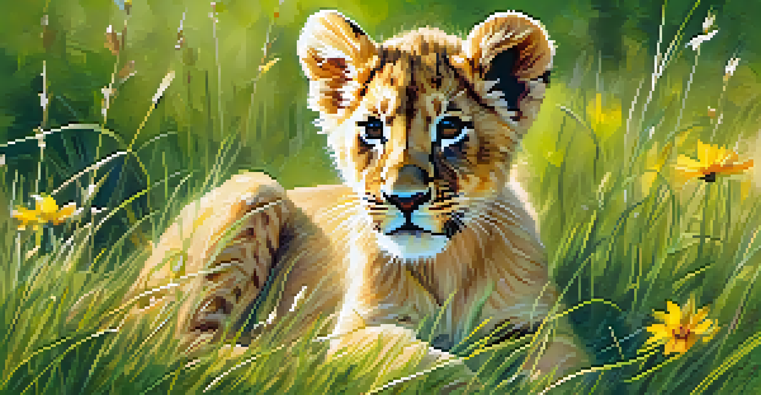 A playful lion cub playing in the grass with wildflowers under soft sunlight.
