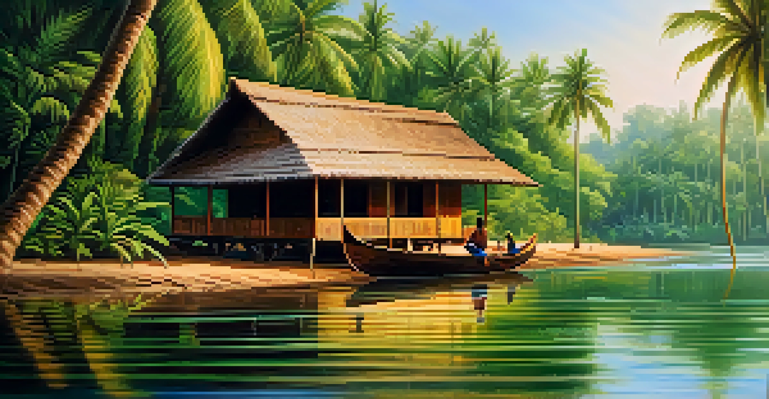 A traditional homestay in Kerala surrounded by backwaters and lush tropical plants, with locals fishing in canoes.
