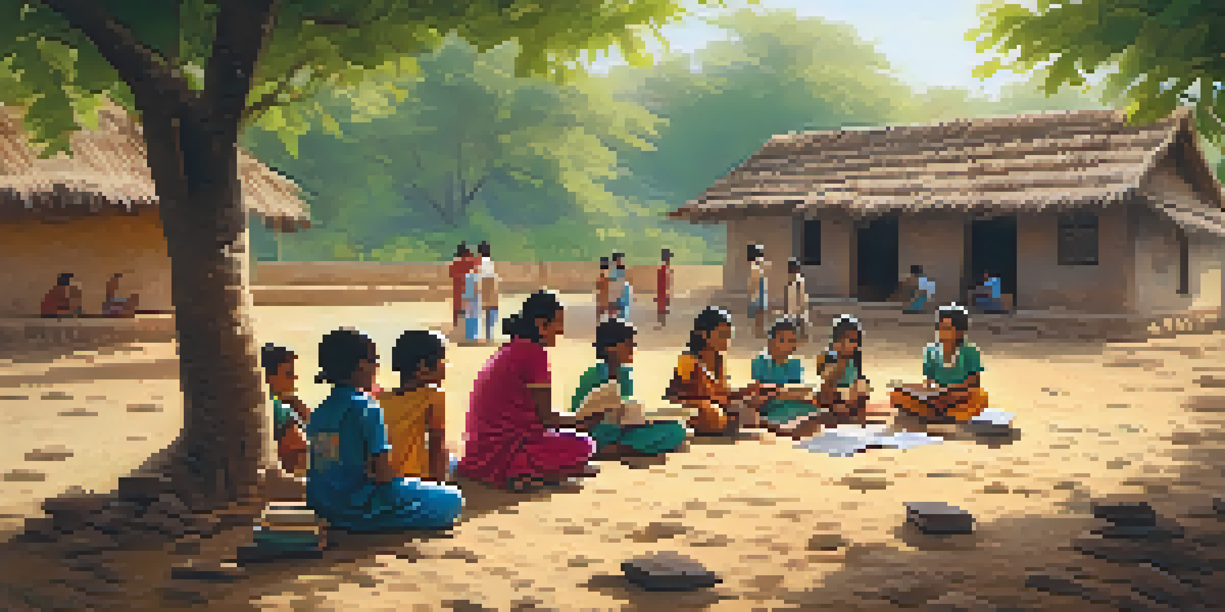 A volunteer teaches children in a rural Indian village, surrounded by greenery and mud houses, with children smiling and colorful books around.