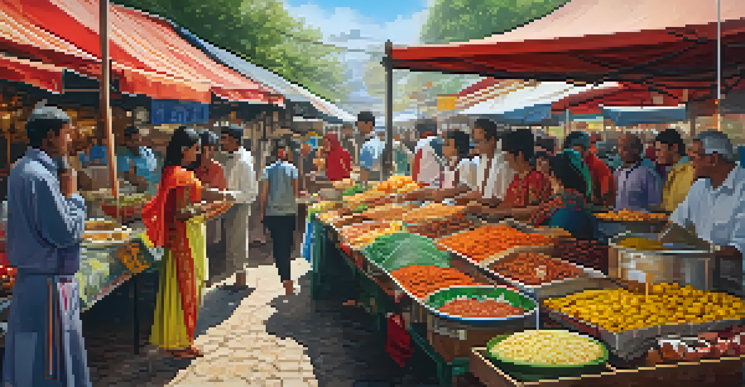 A multicultural market scene with food stalls representing different cultures, featuring vendors in traditional clothing and customers enjoying diverse dishes under a festive canopy.