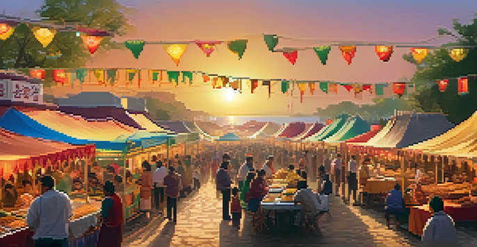 A lively local cuisine festival with people enjoying traditional dishes at colorful food stalls, surrounded by festive decorations and a stage for performances.