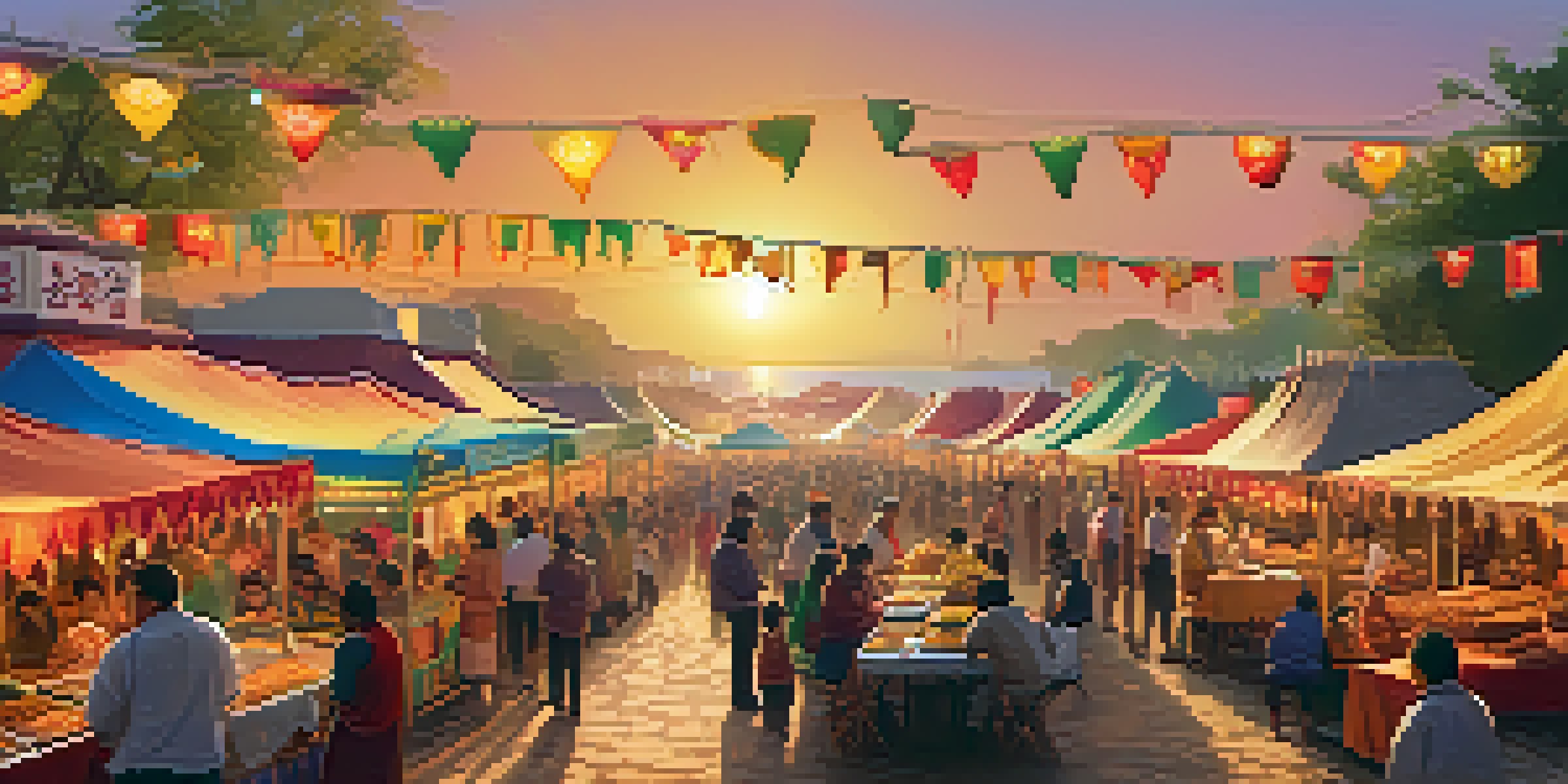 A lively local cuisine festival with people enjoying traditional dishes at colorful food stalls, surrounded by festive decorations and a stage for performances.