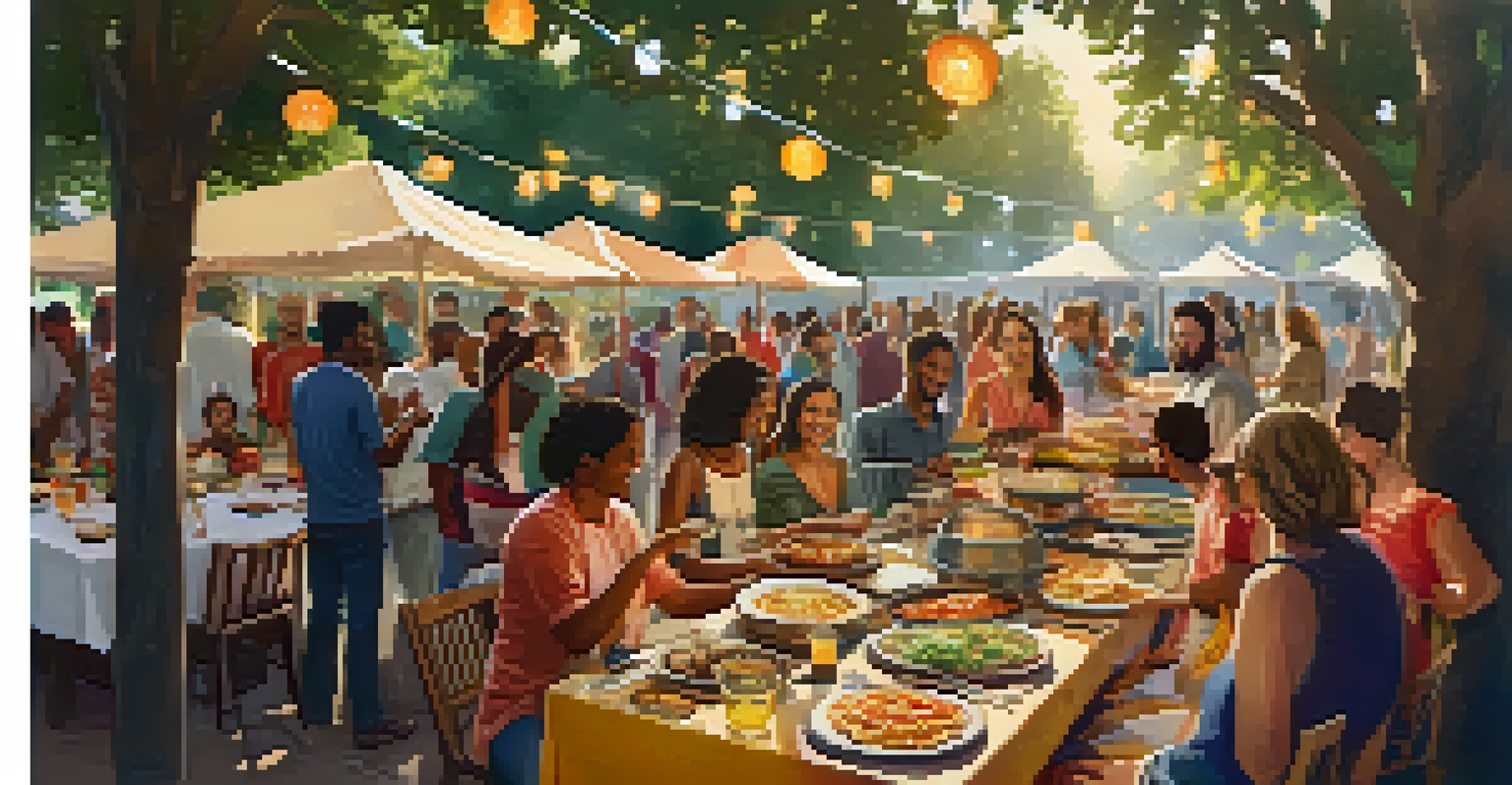 A diverse group of people enjoying a community potluck outdoors, with tables filled with colorful dishes from various cultures.