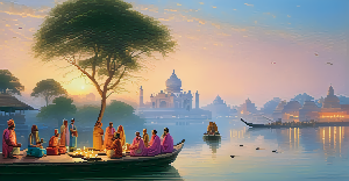 A tranquil view of the Ganges River at sunrise, with pilgrims performing rituals along the banks and glowing lamps illuminating the scene.