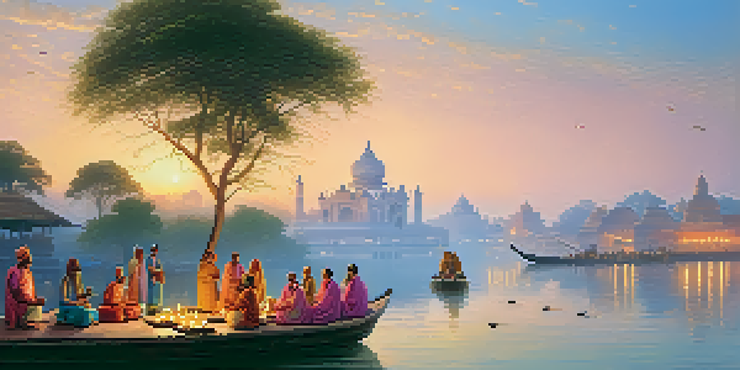 A tranquil view of the Ganges River at sunrise, with pilgrims performing rituals along the banks and glowing lamps illuminating the scene.