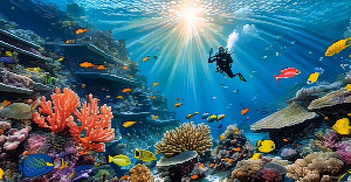 An underwater scene with a diver exploring a coral reef, surrounded by colorful fish and sunlight filtering through the water.