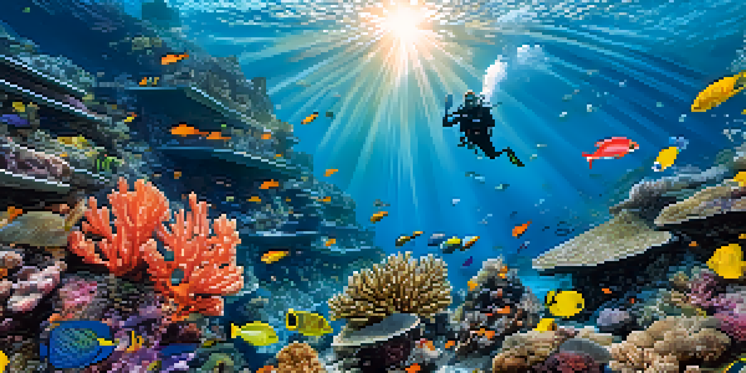 An underwater scene with a diver exploring a coral reef, surrounded by colorful fish and sunlight filtering through the water.