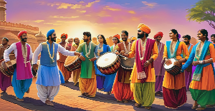 A lively folk music festival in India with musicians playing traditional instruments and people dancing in colorful attire during sunset.