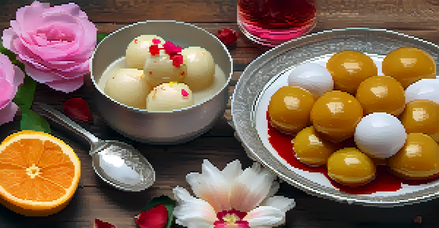 A beautifully arranged platter of Indian sweets including Gulab Jamun and Rasgulla on a rustic wooden table.