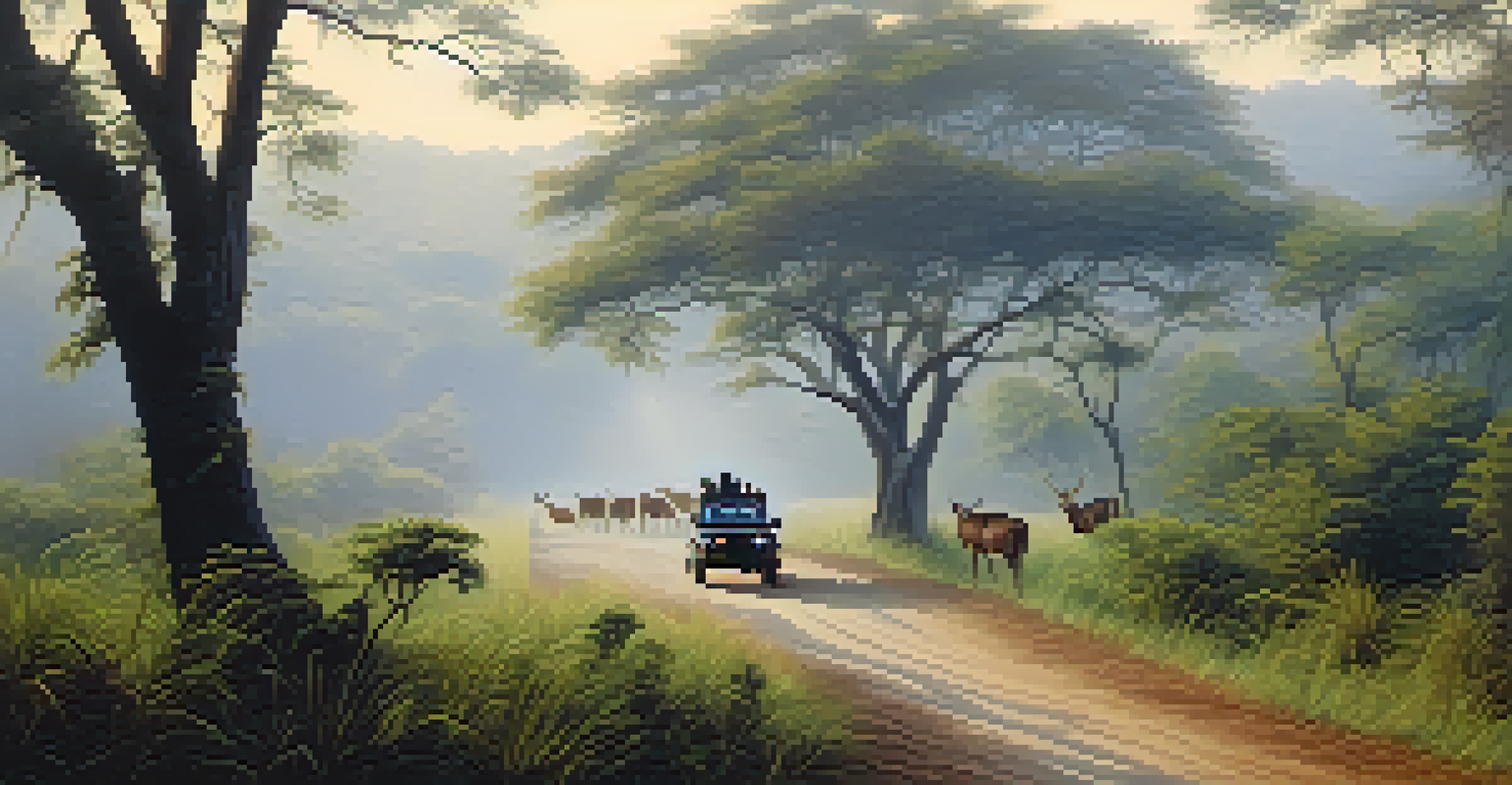 A jeep safari in the misty forests of Corbett National Park with deer and birds in the background.